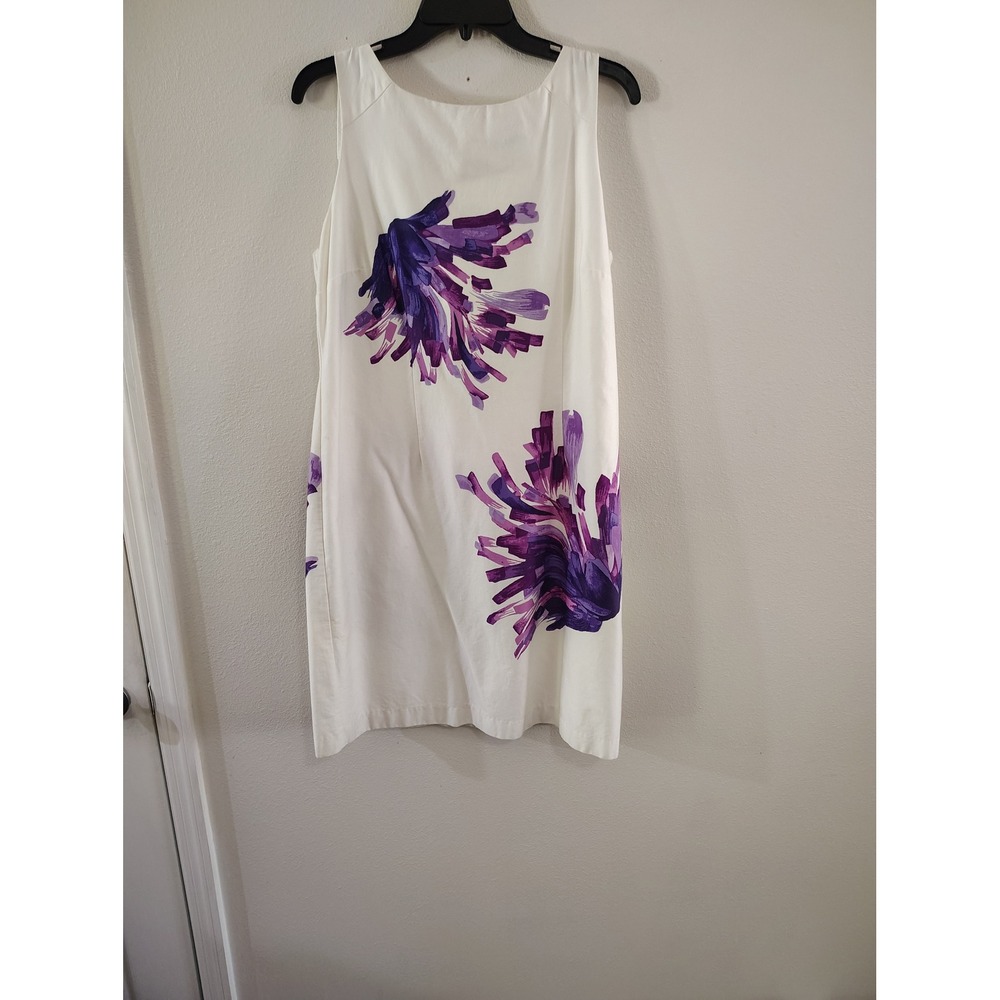 Studio I Womens White Purple Abstract Floral Sleeveless Shift Dress Size 14